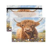 Sevdomey Bonito estuche para lápices de vaca de las Tierras Altas con 3 anillos con ventana transparente, paquete de 2 bolsas con cremallera para oficina, Bonita vaca de las tierras altas, 7.08*9.85