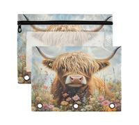 Sevdomey Bonito estuche para lápices de vaca de las Tierras Altas con 3 anillos con ventana transparente, paquete de 2 bolsas con cremallera para oficina, Bonita vaca de las tierras altas, 7.08*9.85