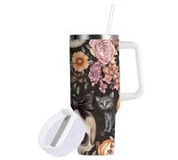 Sevdomey Bonito vaso de calavera de 40 onzas con asa y tapa con popote para agua, té helado o café, acero inoxidable aislado a prueba de fugas, taza de café de viaje, taza de regalo