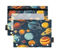 Sevdomey Cartoon Planets - Estuche para lápices de 3 anillos con ventana transparente, paquete de 2 bolsas con cremallera para oficina, Planetas de dibujos animados, 7.08*9.84 inch, Bolsa para lápices