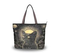 Sevdomey Cat and Moons - Bolso de mano para mujer con cremallera, bolso de lona de gran capacidad para el trabajo, viajes y compras, Gato y lunas, 40 x 29 x 9cm