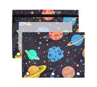 Sevdomey Colorful Planets - Estuche para lápices de 3 anillos con ventana transparente, paquete de 2 bolsas con cremallera para oficina, Planetas coloridos, 7.08*9.85 inch, Bolsa para lápices