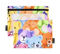 Sevdomey Colorfull Bears - Estuche para lápices con 3 anillos con ventana transparente, paquete de 2 bolsas con cremallera para oficina, Patrón de osos coloridos, 7.08*9.336 inch, Bolsa para lápices