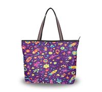 Sevdomey Colorido bolso de mano con diseño de estrellas espaciales para mujer con cremallera, bolso de lona de gran capacidad para el trabajo, viajes y compras, Estrellas espaciales coloridas, 40 x 29