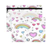 Sevdomey Corazones y arco iris - Estuche para lápices de 3 anillos con ventana transparente, paquete de 2 bolsas con cremallera para oficina, Corazones y arcoíris, 7.08*9.85 inch, Bolsa para lápices