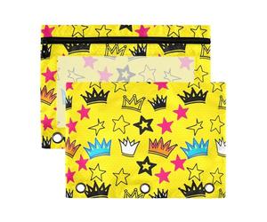 Sevdomey Coronas y estrellas - Estuche para lápices de 3 anillos con ventana transparente, paquete de 2 bolsas con cremallera para oficina, Coronas y estrellas, 7.08*9.85 inch, Bolsa para lápices