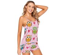 Sevdomey Cute Owls - Conjunto de pijama sexy de 2 piezas, cuello en V y pantalones cortos de satén para mujer, Búhos lindos, XXL