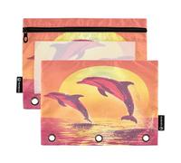 Sevdomey Dolphins - Estuche para lápices de 3 Anillos con Ventana Transparente, Paquete de 2 Bolsas con Cremallera para Oficina, Delfines Saltando, 7.08 * 9.84 Inch, Bolsa para lápices