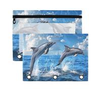 Sevdomey Dolphins - Estuche para lápices de 3 anillos con ventana transparente, paquete de 2 bolsas con cremallera para oficina, Delfines saltando, 7.08*9.85 inch, Bolsa para lápices