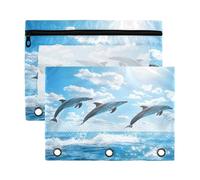 Sevdomey Dolphins - Estuche para lápices de 3 anillos con ventana transparente, paquete de 2 bolsas con cremallera para oficina, Delfines saltando, 7.08*9.85 inch, Bolsa para lápices