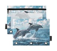 Sevdomey Dolphins - Estuche para lápices de 3 Anillos con Ventana Transparente, Paquete de 2 Bolsas con Cremallera para Oficina, Delfines Saltando, 7.08 * 9.84 Inch, Bolsa para lápices