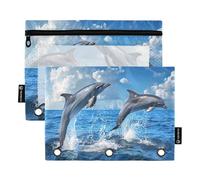Sevdomey Dolphins - Estuche para lápices de 3 Anillos con Ventana Transparente, Paquete de 2 Bolsas con Cremallera para Oficina, Delfines Saltando, 7.08 * 9.84 Inch, Bolsa para lápices
