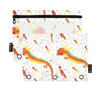Sevdomey Dragons and Fireworks - Estuche para lápices de 3 anillos con ventana transparente, paquete de 2 bolsas con cremallera para oficina, Dragones y fuegos artificiales, 7.08*9.84 inch, Bolsa para