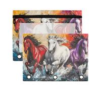 Sevdomey Estuche para lápices con 3 anillos con ventana transparente, paquete de 2 bolsas con cremallera para oficina, Caballos corriendo, 7.08*9.85 inch, Bolsa para lápices
