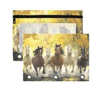 Sevdomey Estuche para lápices con 3 anillos con ventana transparente, paquete de 2 bolsas con cremallera para oficina, Caballos corriendo, 7.08*9.85 inch, Bolsa para lápices