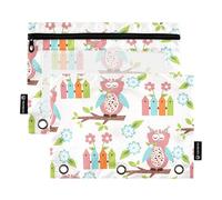 Sevdomey Estuche para lápices con diseño de búhos con 3 Anillos con Ventana Transparente, Paquete de 2 Bolsas con Cremallera para Oficina, Bonito patrón de búhos, 7.08 * 9.84 Inch, Bolsa para lápices
