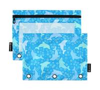 Sevdomey Estuche para lápices con diseño de Delfines con 3 Anillos con Ventana Transparente, Paquete de 2 Bolsas con Cremallera para Oficina, Bonito patrón de Delfines, 7.08 * 9.386 Inch, Bolsa para