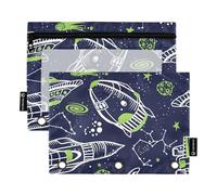 Sevdomey Estuche para lápices con diseño de Dibujos Animados con 3 Anillos con Ventana Transparente, Paquete de 2 Bolsas con Cremallera para Oficina, Patrón Espacial de Dibujos Animados, 7.08 * 9.321