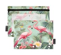 Sevdomey Estuche para lápices con diseño de flamencos, Palmeras, 3 Anillos con Ventana Transparente, Paquete de 2 Bolsas con Cremallera para Oficina, Flores de Palmera de flamencos, 7.08 * 9.84 Inch,