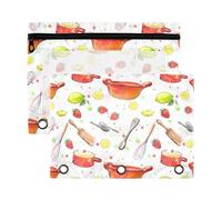 Sevdomey Estuche para lápices con patrón de utensilios de cocina con 3 anillos con ventana transparente, paquete de 2 bolsas con cremallera para oficina, Patrón de utensilios de cocina, 7.08*9.85 inch