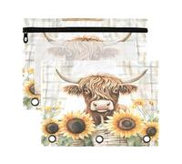 Sevdomey Estuche para lápices de acuarela de vacas de las tierras altas con 3 anillos con ventana transparente, paquete de 2 bolsas con cremallera para oficina, Acuarela de vacas de las tierras,