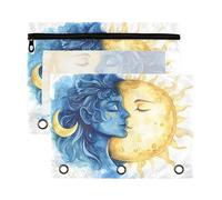 Sevdomey Estuche para lápices de acuarela Sun and Moon con 3 anillos con ventana transparente, paquete de 2 bolsas con cremallera para oficina, Acuarela sol y luna, 7.08*9.85 inch, Bolsa para lápices