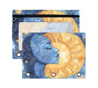Sevdomey Estuche para lápices de acuarela Sun and Moon con 3 anillos con ventana transparente, paquete de 2 bolsas con cremallera para oficina, Acuarela sol y luna, 7.08*9.85 inch, Bolsa para lápices