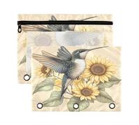 Sevdomey Estuche para lápices de colibrí con girasoles, 3 anillos con ventana transparente, paquete de 2 bolsas con cremallera para oficina, Colibrí con girasoles, 7.08*9.85 inch, Bolsa para lápices
