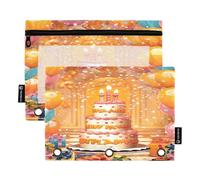 Sevdomey Estuche para lápices de cumpleaños con 3 Anillos con Ventana Transparente, Paquete de 2 Bolsas con Cremallera para Oficina, Happy Birthday, 7.08 * 9.84 Inch, Bolsa para lápices