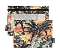 Sevdomey Estuche para lápices de Flores de Palmera con 3 Anillos con Ventana Transparente, Paquete de 2 Bolsas con Cremallera para Oficina, Flores de Palmera, 7.08 * 9.84 Inch, Bolsa para lápices