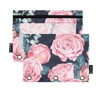 Sevdomey Estuche para lápices de Flores de Rosas con 3 Anillos con Ventana Transparente, Paquete de 2 Bolsas con Cremallera para Oficina, Flor de Rosa., 7.08 * 9.113 Inch, Bolsa para lápices