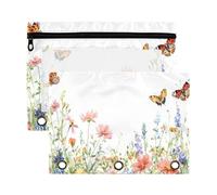 Sevdomey Estuche para lápices de flores silvestres con 3 anillos con ventana transparente, paquete de 2 bolsas con cremallera para oficina, Flores silvestres florales en acuarela, 7.08*9.85 inch,