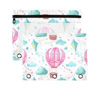 Sevdomey Estuche para lápices de globos aerostáticos de 3 anillos con ventana transparente, paquete de 2 bolsas con cremallera para oficina, Globos de aire caliente, 7.08*9.85 inch, Bolsa para lápices