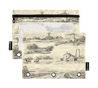 Sevdomey Estuche para lápices de paisaje con molino de viento, 3 anillos con ventana transparente, paquete de 2 bolsas con cremallera para oficina, Paisaje con molino de viento, 7.08*9.84 inch, Bolsa