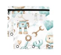 Sevdomey Estuche para lápices de robot de acuarela con 3 anillos con ventana transparente, paquete de 2 bolsas con cremallera para oficina