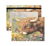 Sevdomey Estuche para lápices de vaca de las Tierras Altas con 3 anillos con ventana transparente, paquete de 2 bolsas con cremallera para oficina, Acuarela de vaca montañosa, 7.08*9.85 inch, Bolsa