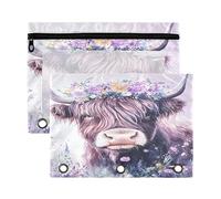 Sevdomey Estuche para lápices de vaca de las Tierras Altas con 3 anillos con ventana transparente, paquete de 2 bolsas con cremallera para oficina, Acuarela de vaca montañosa, 7.08*9.85 inch, Bolsa