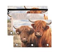 Sevdomey Highland Cows - Estuche para lápices de 3 anillos con ventana transparente, paquete de 2 bolsas con cremallera para oficina, Vacas de las tierras altas, 7.08*9.85 inch, Bolsa para lápices
