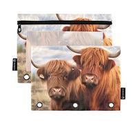 Sevdomey Highland Cows - Estuche para lápices de 3 Anillos con Ventana Transparente, Paquete de 2 Bolsas con Cremallera para Oficina, Vacas de Las Tierras Altas, 7.08 * 9.84 Inch, Bolsa para lápices