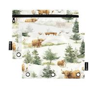 Sevdomey Highland Cows - Estuche para lápices de 3 Anillos con Ventana Transparente, Paquete de 2 Bolsas con Cremallera para Oficina, Vacas de Las Tierras Altas, 7.08 * 9.84 Inch, Bolsa para lápices