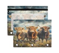 Sevdomey Highland Cows - Estuche para lápices de 3 anillos con ventana transparente, paquete de 2 bolsas con cremallera para oficina, Vacas de las tierras altas, 7.08*9.85 inch, Bolsa para lápices