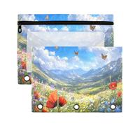 Sevdomey - Juego de 2 lápices con 3 anillas y ventana transparente, diseño de prado con flores silvestres, pradera con flores silvestres, 7,08 x 9,85 pulgadas, funda de lápiz, 2 unidades, Prado con