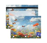 Sevdomey - Juego de 2 lápices con 3 anillas y ventana transparente, diseño de prado con flores silvestres, pradera con flores silvestres, 7,08 x 9,85 pulgadas, funda de lápiz, 2 unidades, Prado con