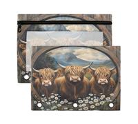 Sevdomey Linda bolsa para lápices de vacas de las Tierras Altas con 3 anillos con ventana transparente, paquete de 2 bolsas con cremallera para oficina, Bonitas vacas de las tierras altas, 7.08*9.85