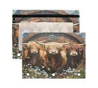 Sevdomey Linda bolsa para lápices de vacas de las Tierras Altas con 3 anillos con ventana transparente, paquete de 2 bolsas con cremallera para oficina, Bonitas vacas de las tierras altas, 7.08*9.85