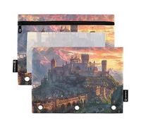 Sevdomey Medieval Fantasy Road - Estuche para lápices de 3 Anillos con Ventana Transparente, Paquete de 2 Bolsas con Cremallera para Oficina, Camino de fantasía Medieval, 7.08 * 9.84 Inch, Bolsa para
