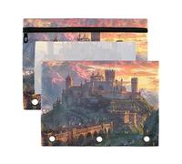 Sevdomey Medieval Fantasy Road - Estuche para lápices de 3 anillos con ventana transparente, paquete de 2 bolsas con cremallera para oficina, Camino de fantasía medieval, 7.08*9.85 inch, Bolsa para
