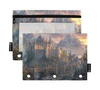 Sevdomey Medieval Fantasy Road - Estuche para lápices de 3 Anillos con Ventana Transparente, Paquete de 2 Bolsas con Cremallera para Oficina, Camino de fantasía Medieval, 7.08 * 9.84 Inch, Bolsa para