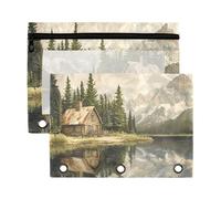 Sevdomey Old Log Cabin - Estuche para lápices de 3 anillos con ventana transparente, paquete de 2 bolsas con cremallera para oficina, Cabaña de madera antigua, 7.08*9.85 inch, Bolsa para lápices