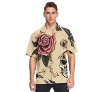 Sevdomey Old School Tattoo - Camisa hawaiana de manga corta con botones para hombre, camisa informal perfecta para la playa y el verano, Old School Tattoo, XXL